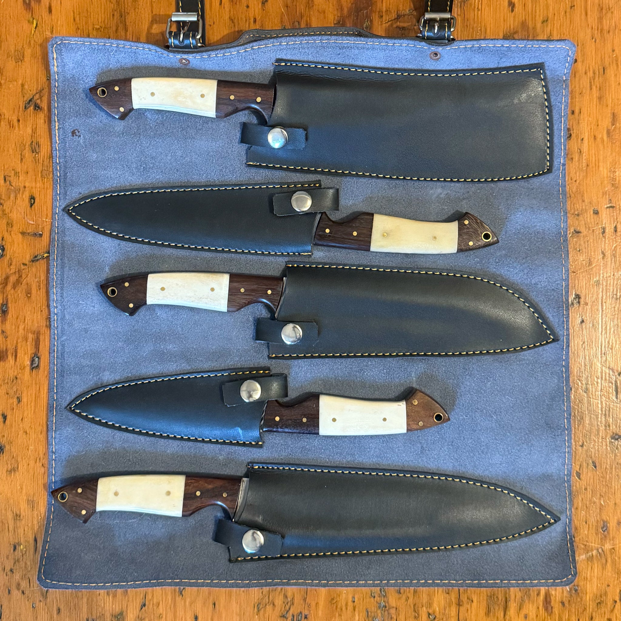 5 Piece Damascus Chef Set with Leather Roll Bag