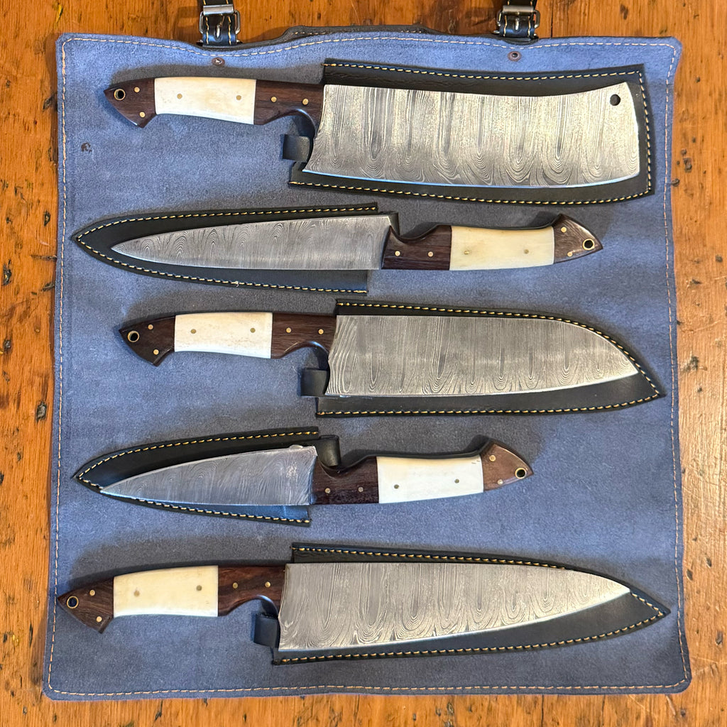 5 Piece Damascus Chef Set with Leather Roll Bag