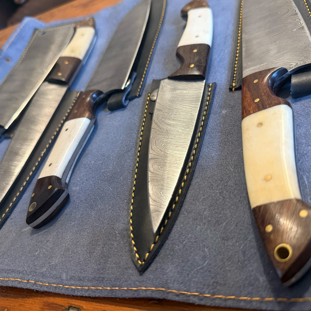 5 Piece Damascus Chef Set with Leather Roll Bag