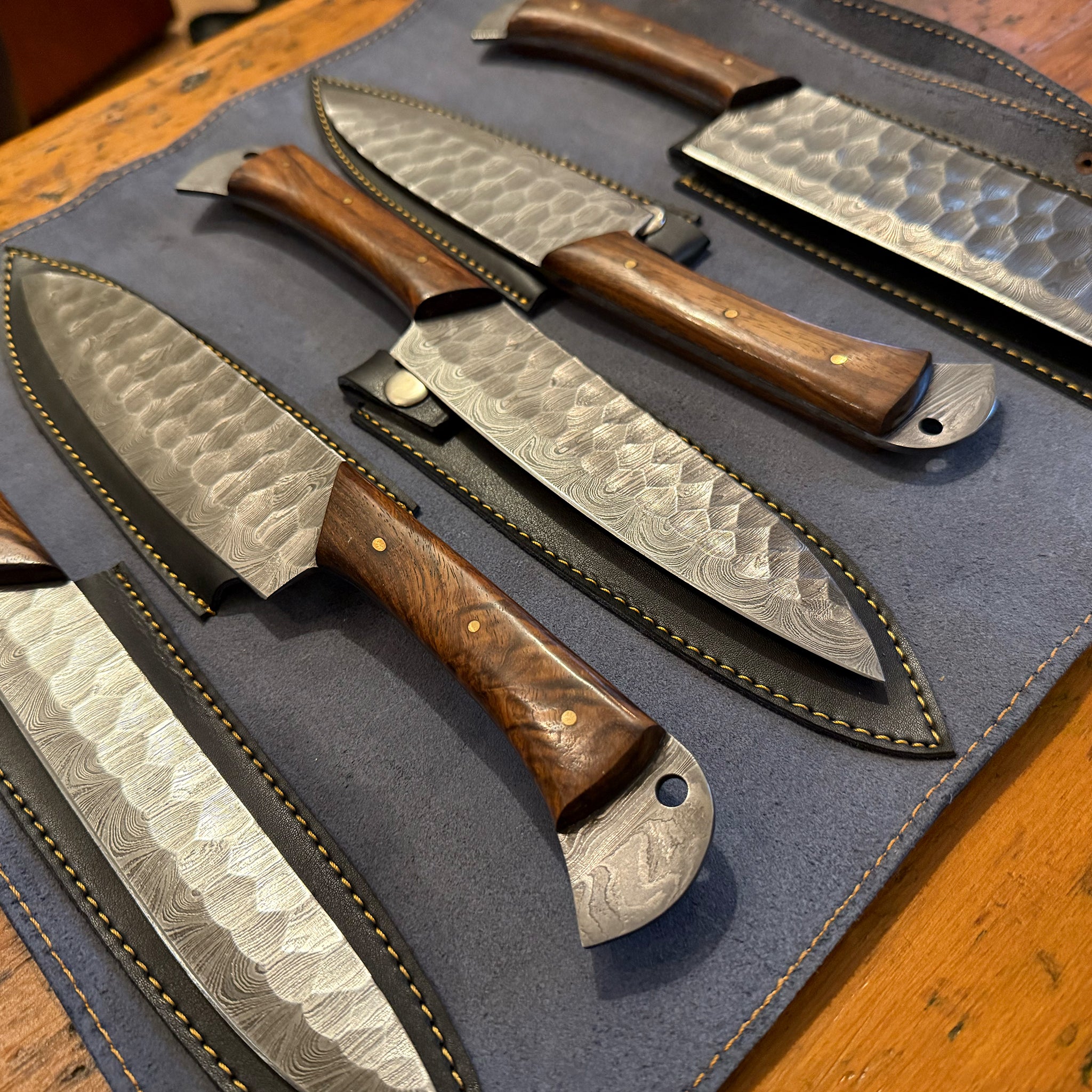 5 Piece Damascus Chef Set Brown with Leather Roll Bag