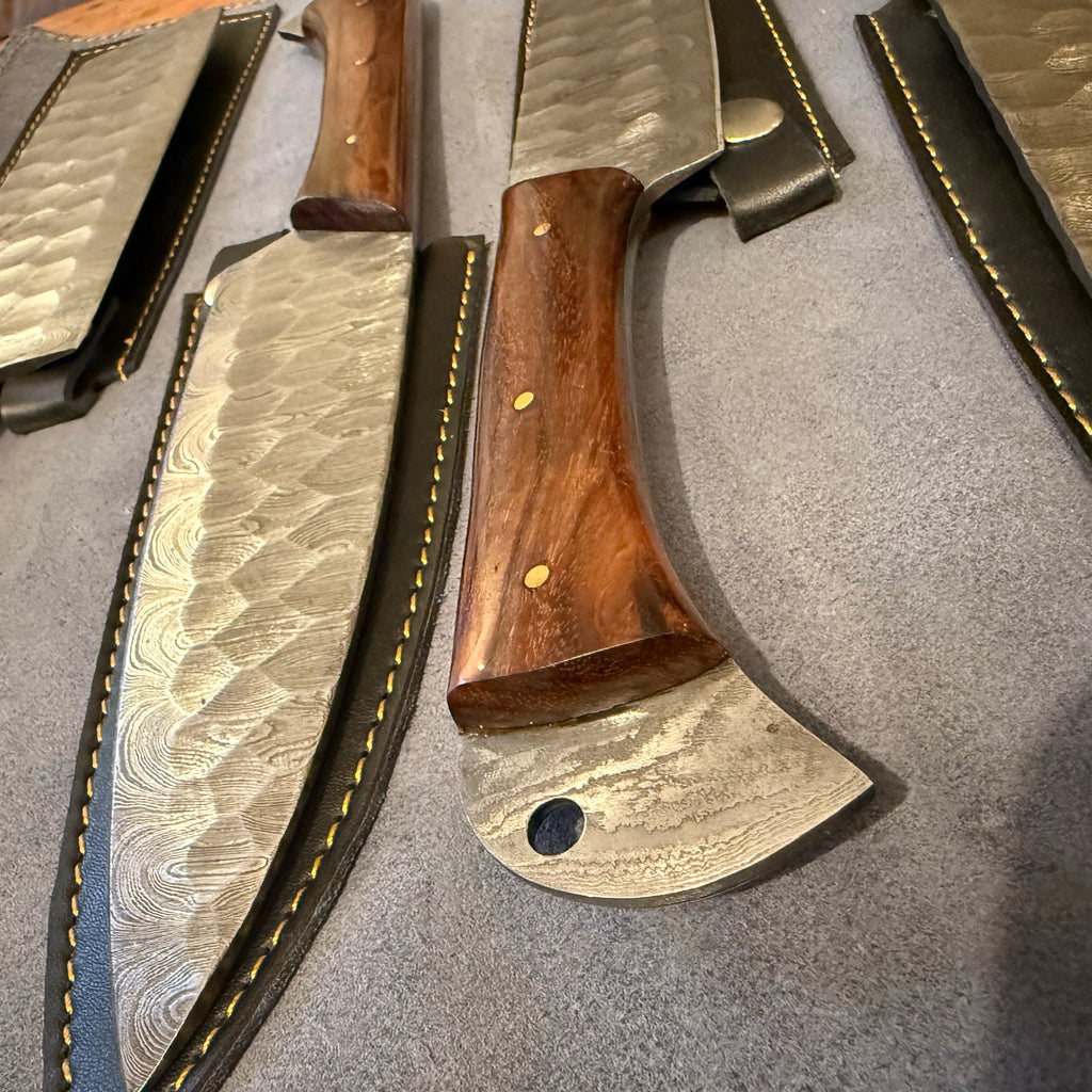 5 Piece Damascus Chef Set Brown with Leather Roll Bag