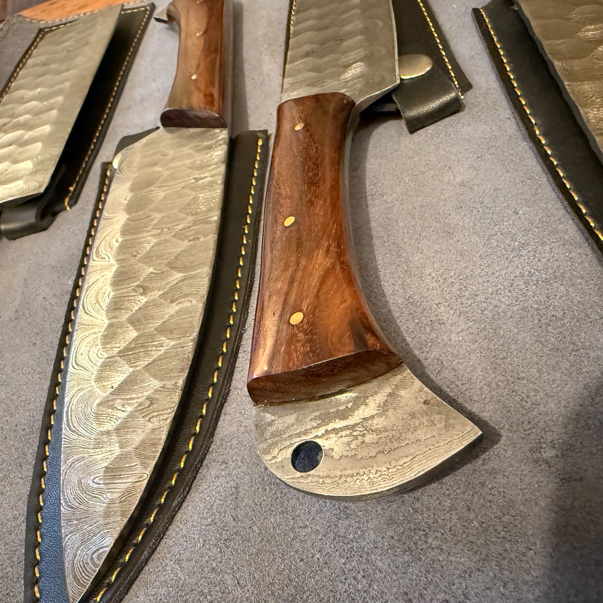 5 Piece Damascus Chef Set Brown with Leather Roll Bag
