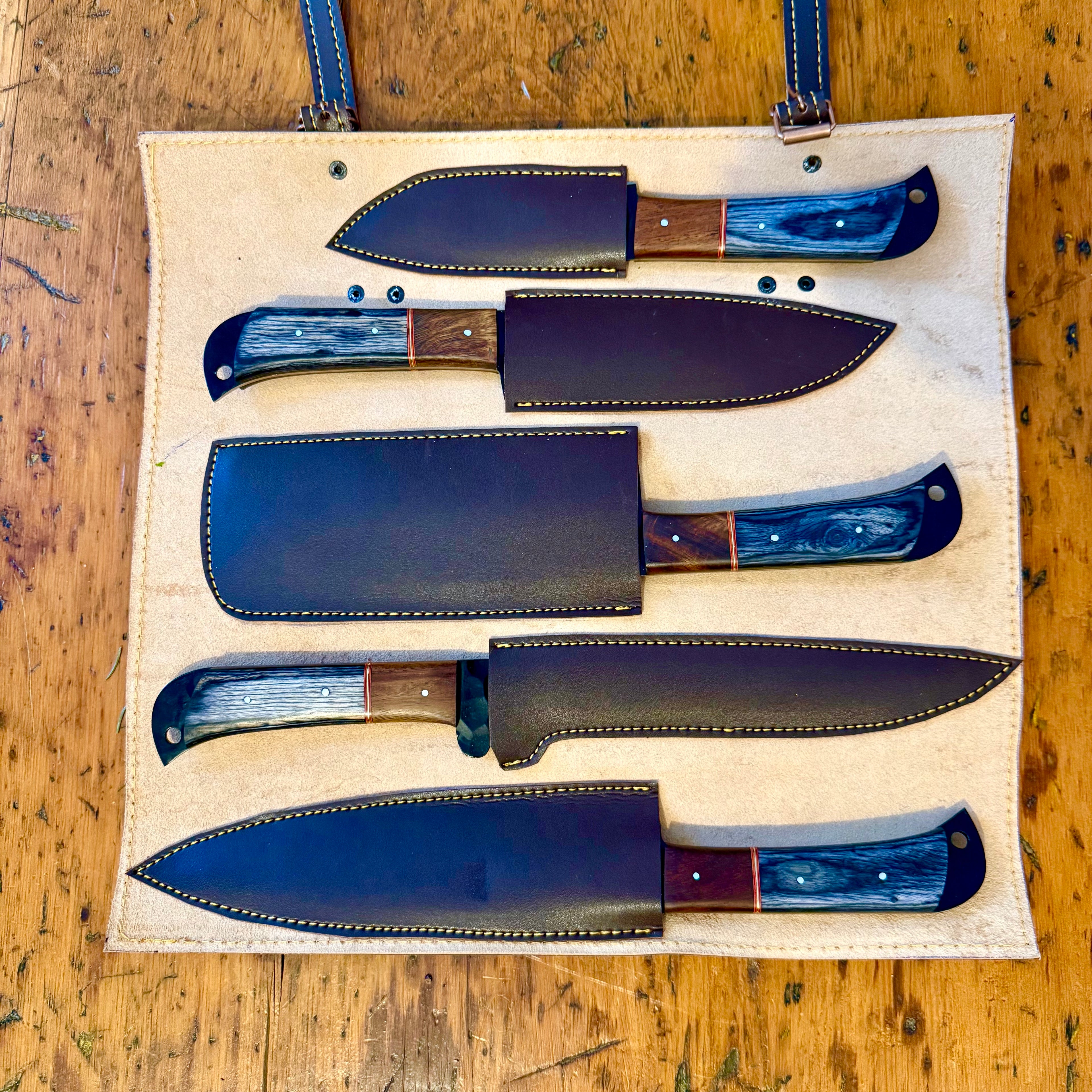 5 piece Dark Grey Chef Set with Leather Roll-Bag