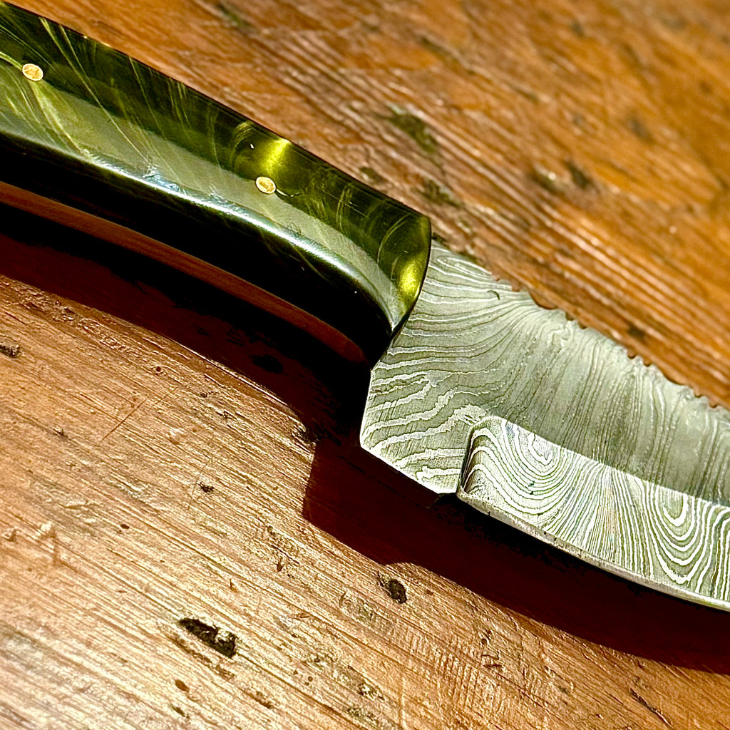 Damascus Shorty with Green Resin Handle