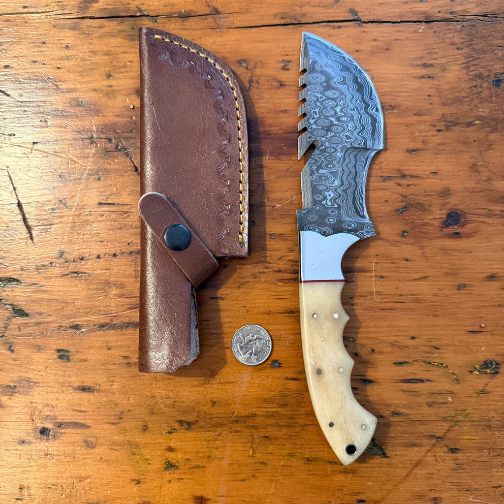 Damascus Tracker Knife- Camel Bone Handle