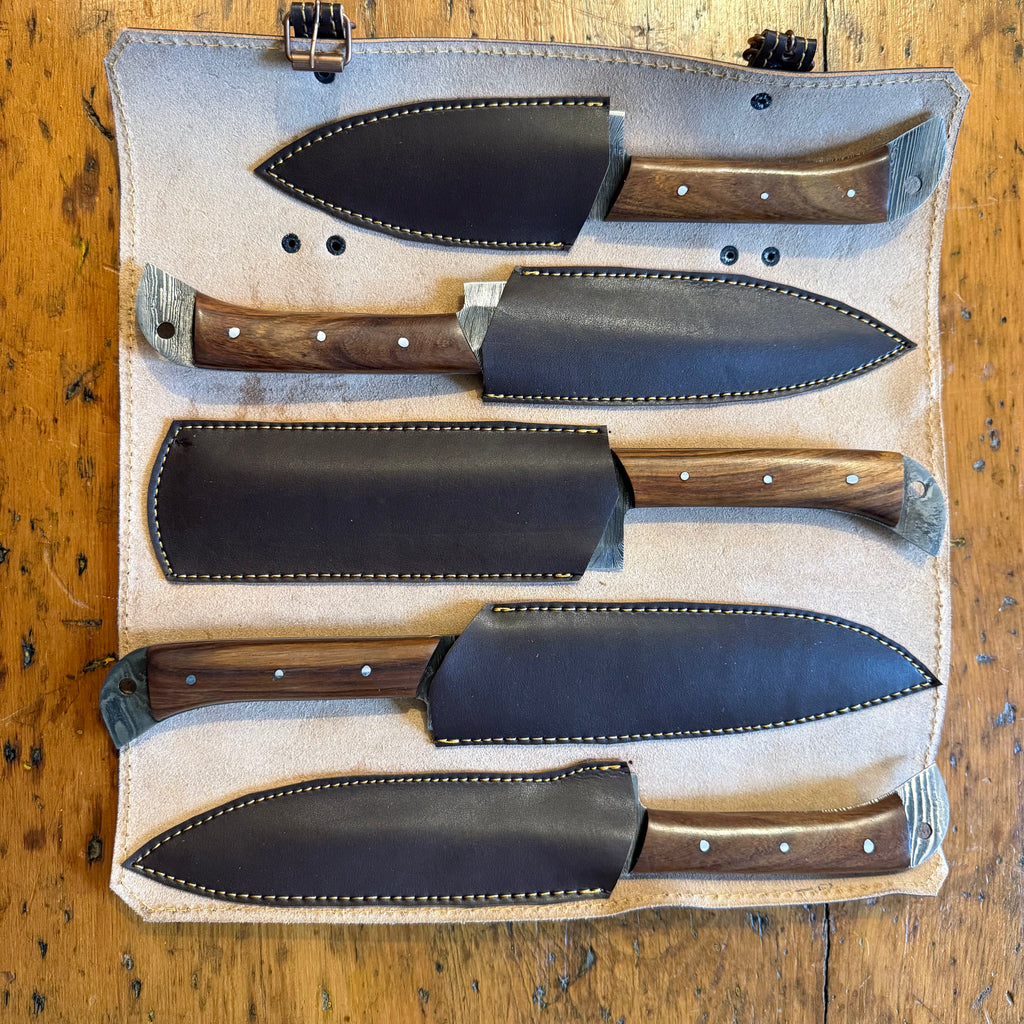 5 Piece Damascus Chef Set Brown with Leather Roll Bag