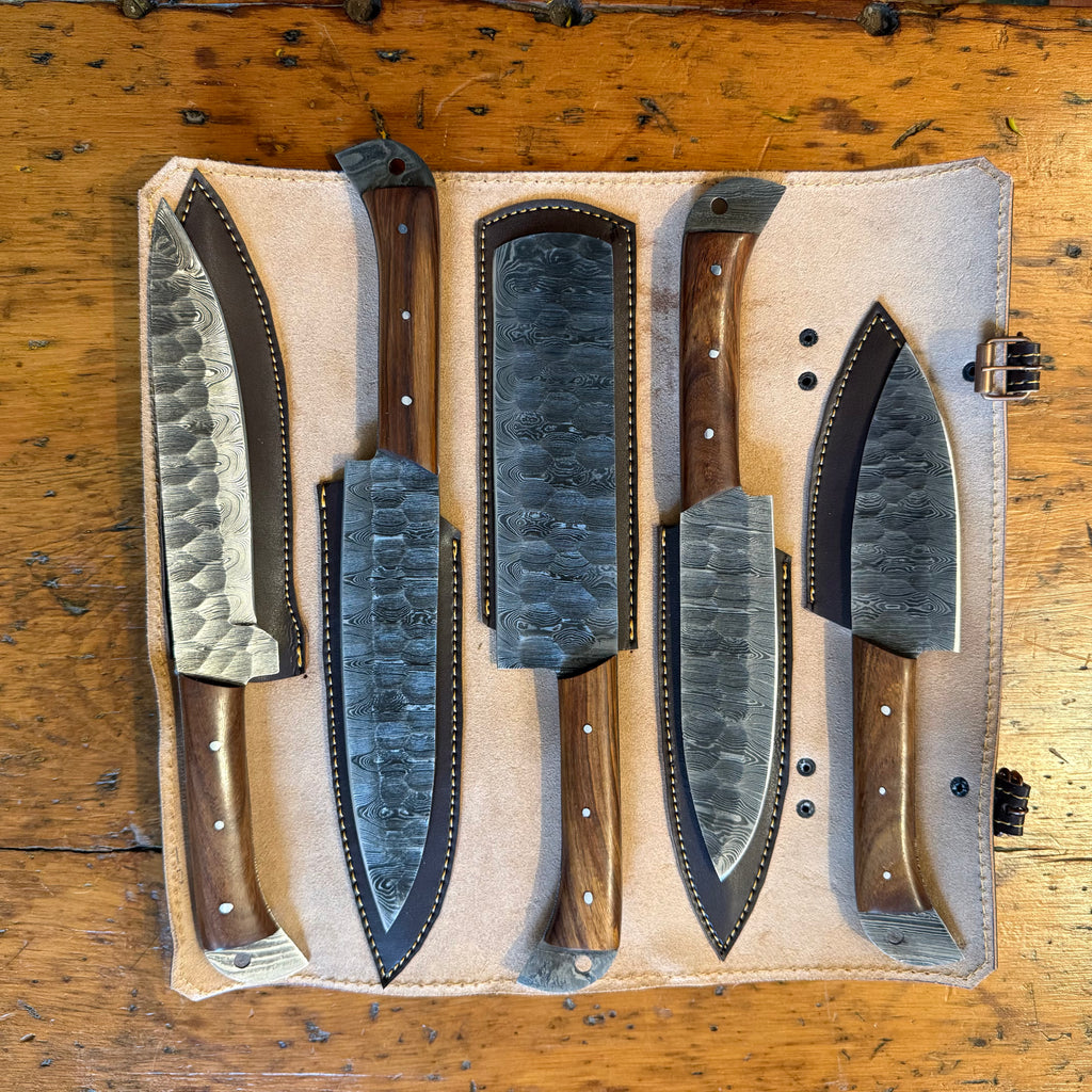 5 Piece Damascus Chef Set Brown with Leather Roll Bag
