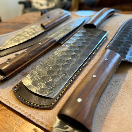 5 Piece Damascus Chef Set Brown with Leather Roll Bag