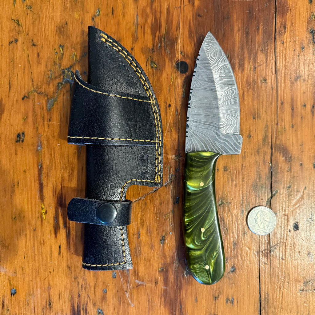 Damascus Shorty with Green Resin Handle