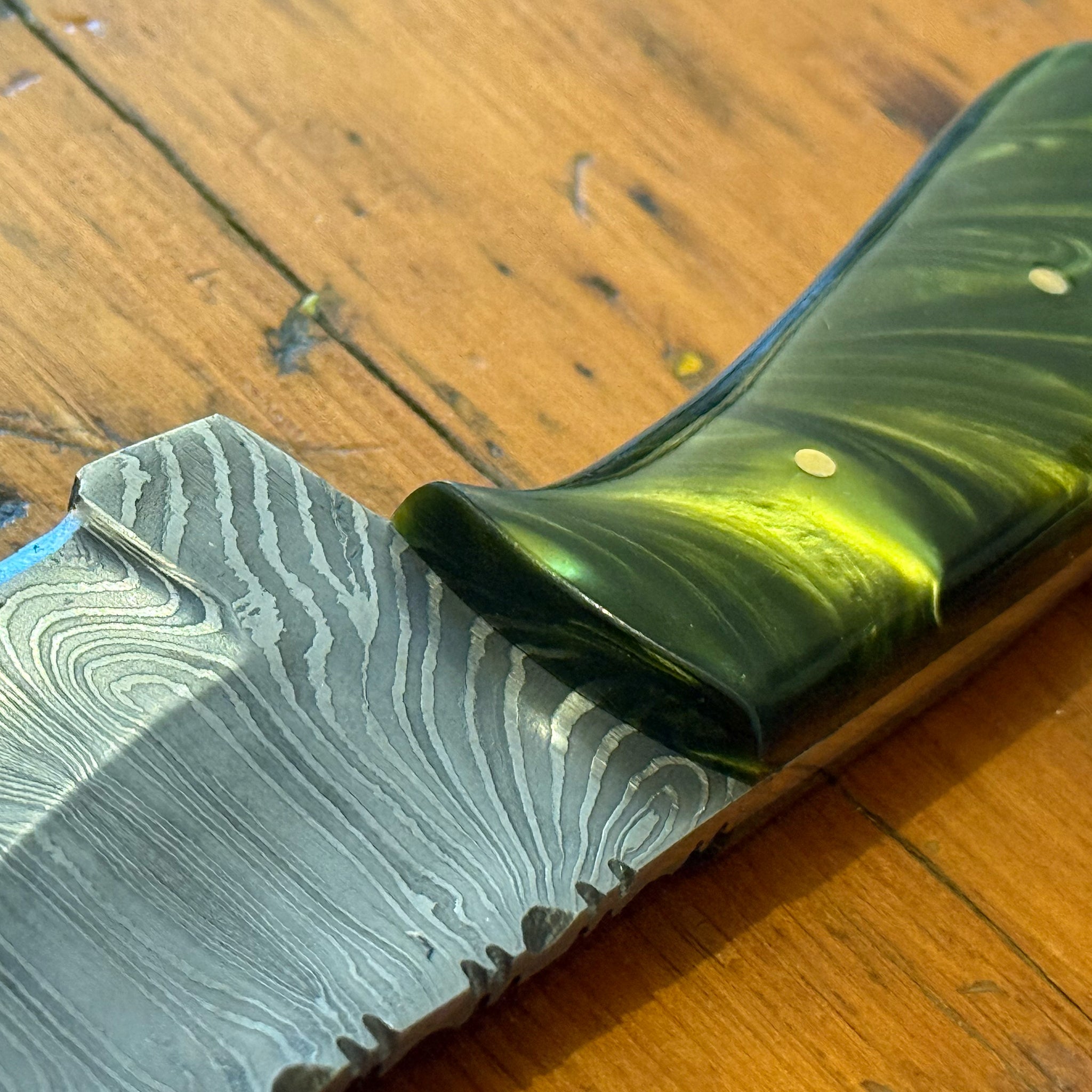 Damascus Shorty with Green Resin Handle